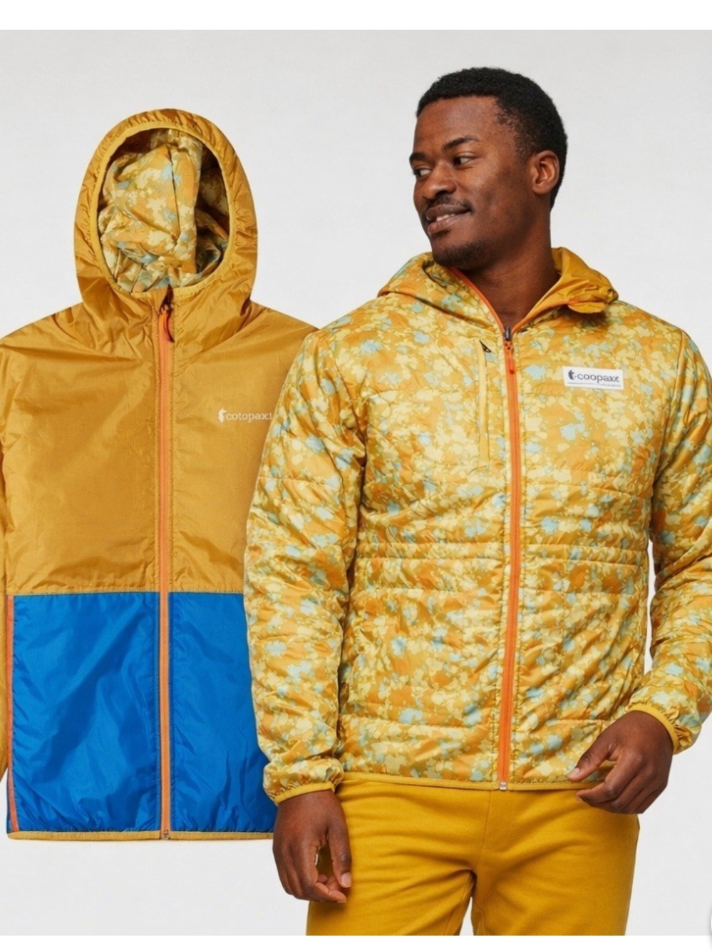 cotopaxi Yellow Reversible Hooded Puffer with Blue Pocket Panel
